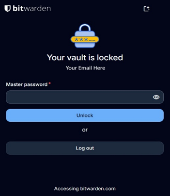 Bitwarden browser extension showing the vault locked screen with the Master Password field
